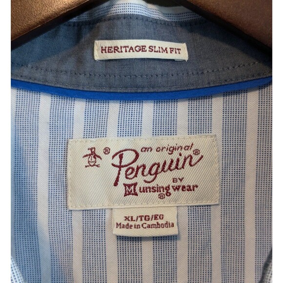 Original Penguin Size XL Shirt Mens Short Sleeve Top Slim Fit Blue Stripe SS - Picture 2 of 3